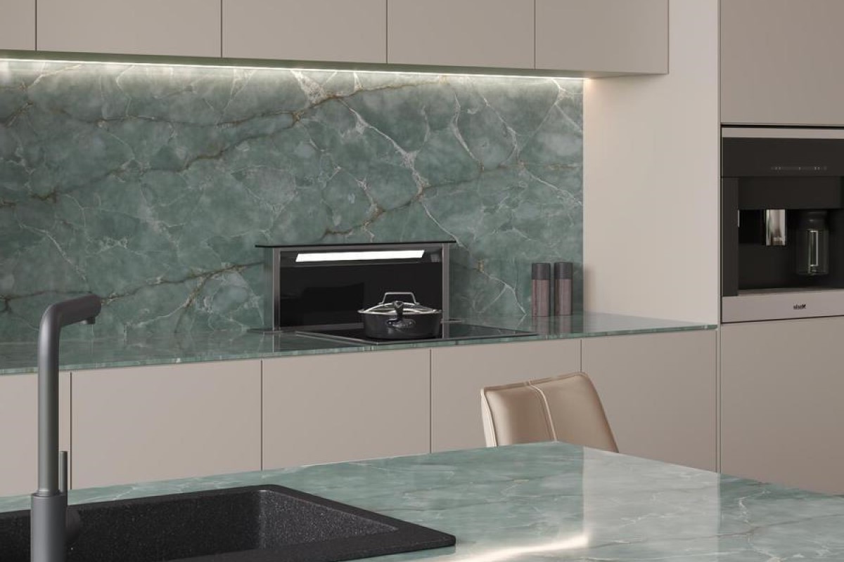 Кухонный фартук из кварцевого агломерата Aquamarine Кухонный фартук из кварцевого агломерата Aquamarine