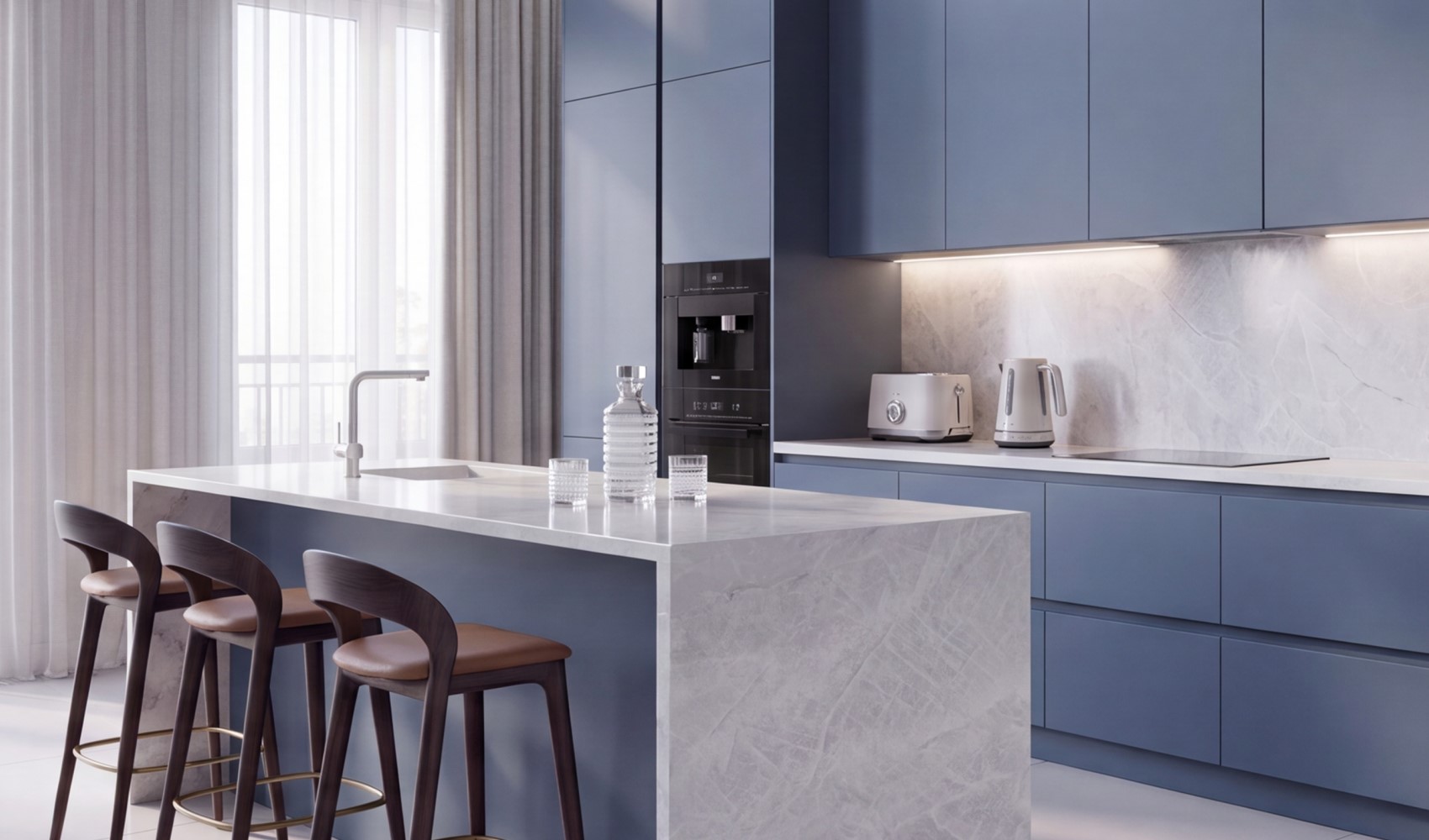 Кварцевый агломерат Quartzite EQPQ 201 в интерьере кухни Кварцевый агломерат Quartzite EQPQ 201 в интерьере кухни